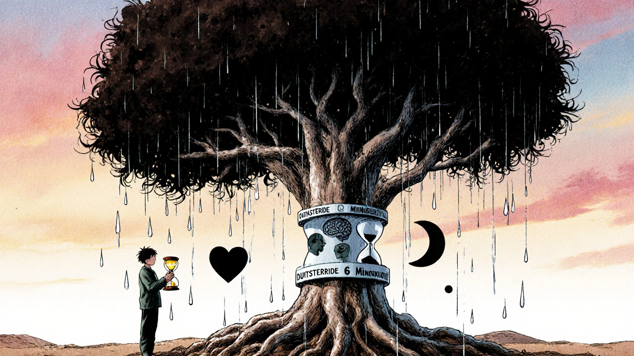 A symbolic tree with roots labeled by hair loss treatments, growing thick hair branches under an hourglass marking six months.