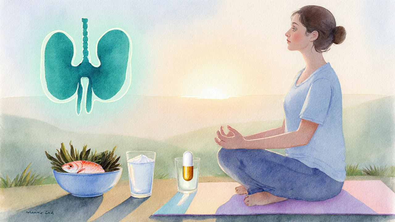 Calm figure practicing yoga beside iodine‑rich foods and medication, symbolizing thyroid health.
