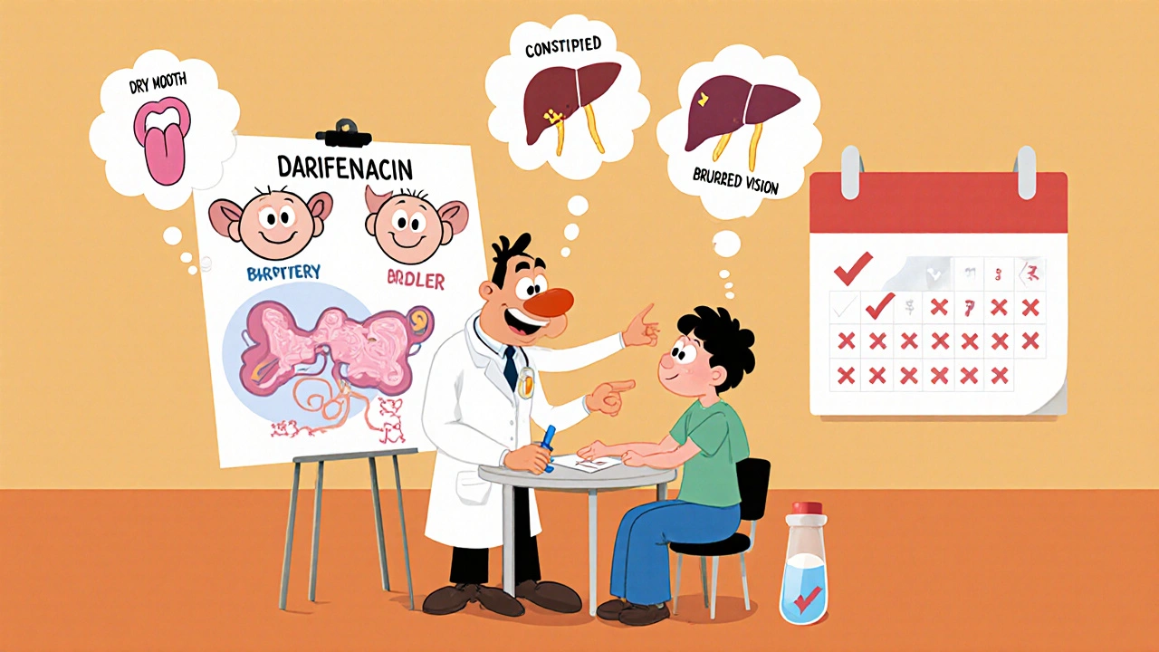 Cartoon doctor and patient discuss medication over a table, with visual icons for side effects and follow-up.