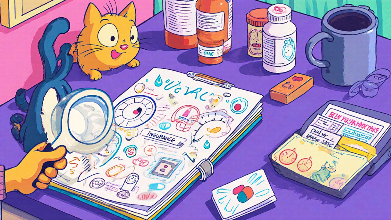 Cartoon patient at a table with a symptom diary, medication bottles, and insurance folder, aided by a playful cat.