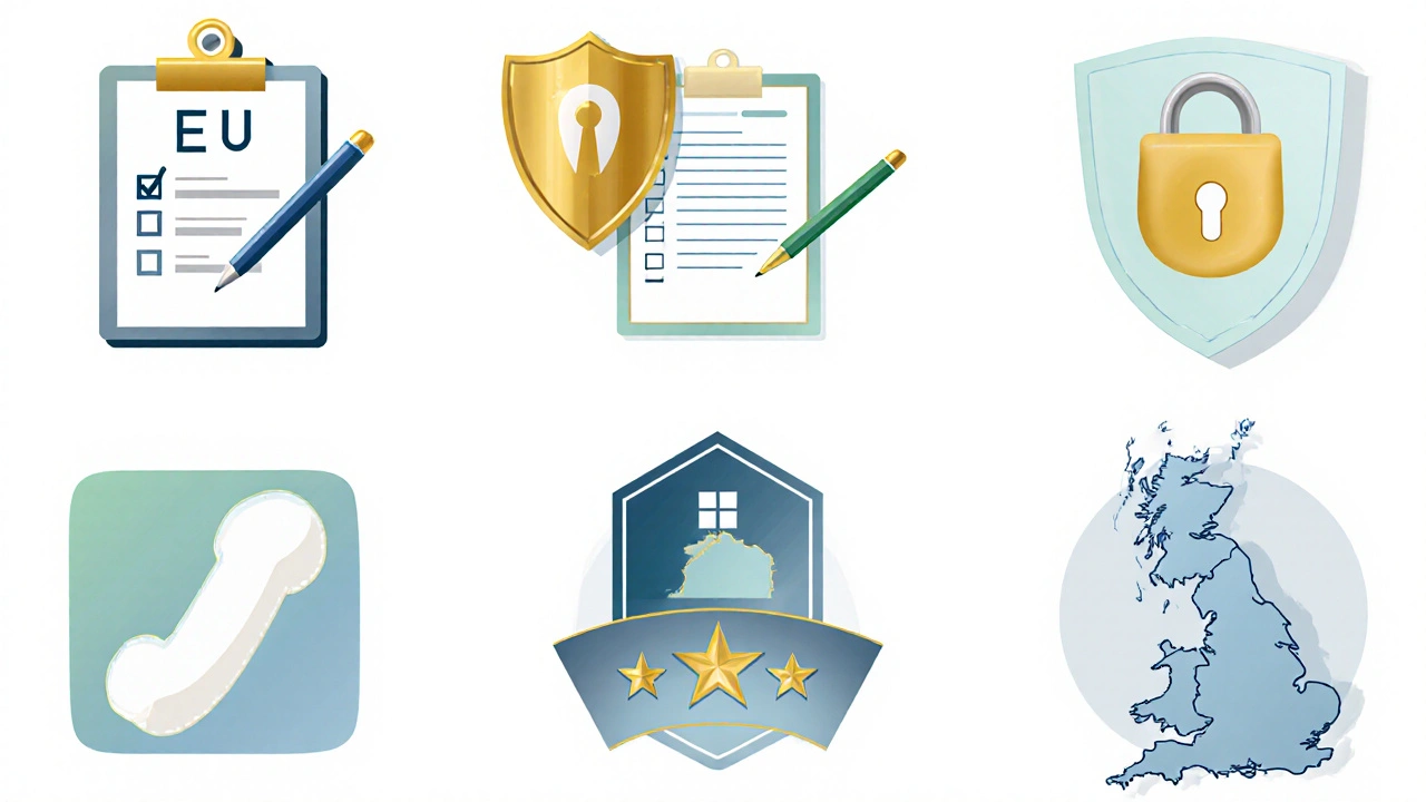 Checklist icons showing EU logo, prescription, lock, phone, address, rating.