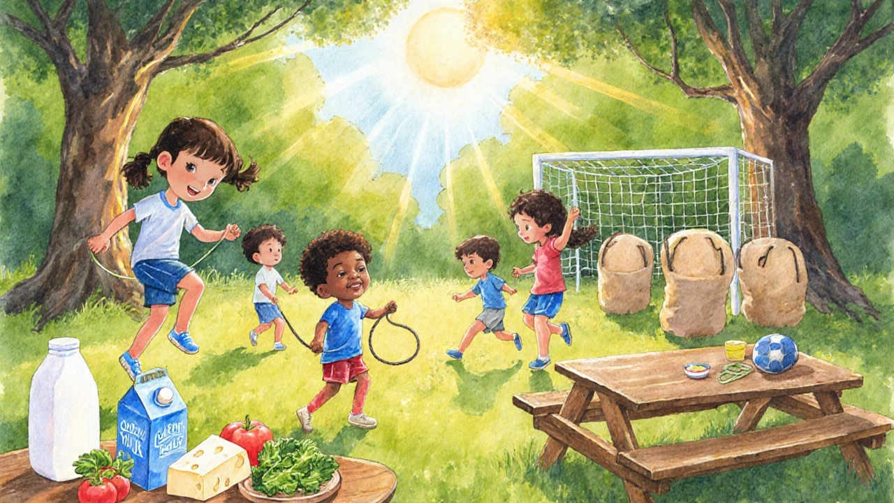 Children playing sports and eating calcium‑rich foods under sunny sky.