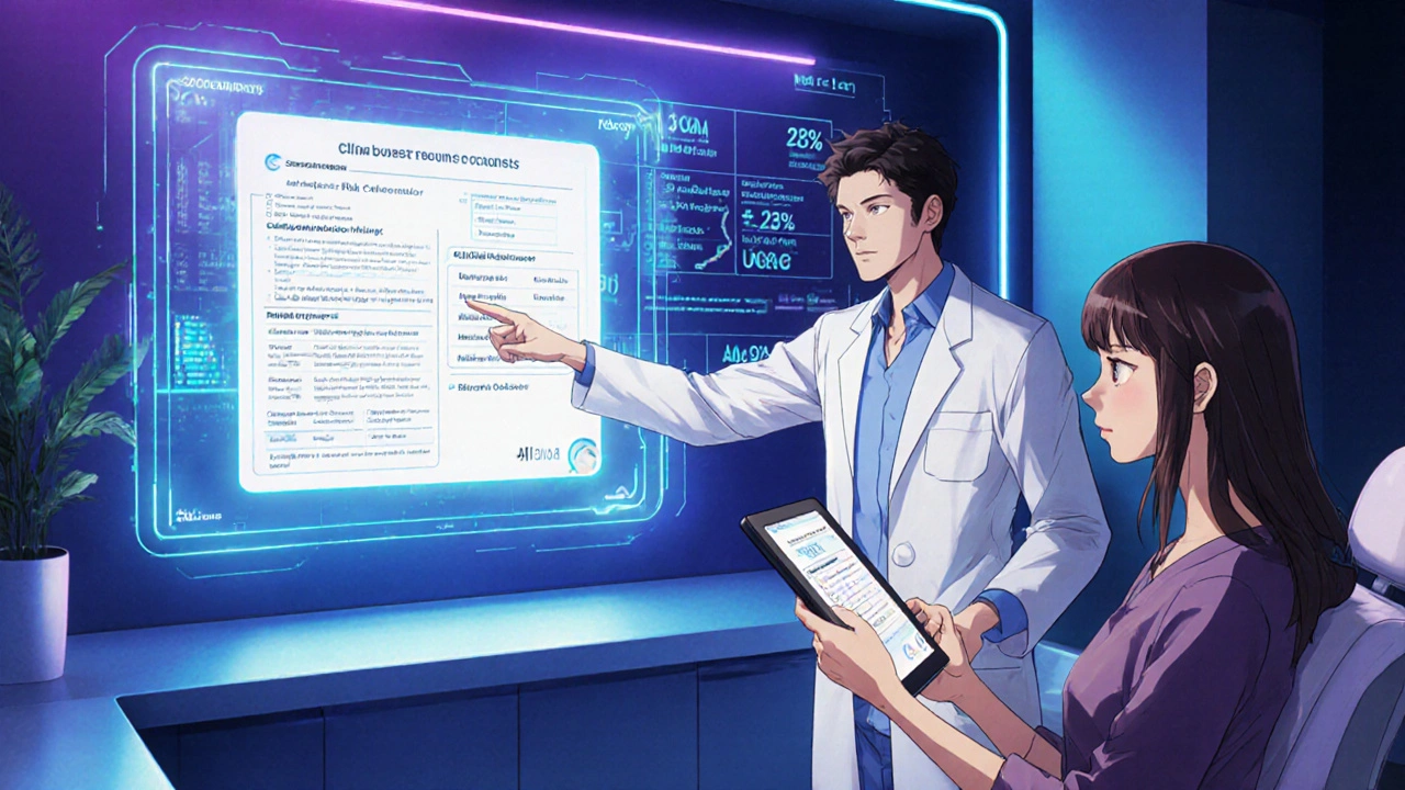 Clinician using AI hologram to customize a medication side‑effect script.