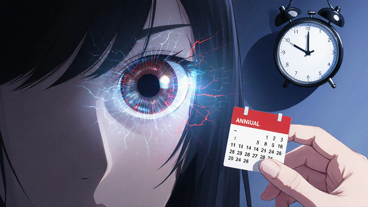 Close-up of an eye with a glowing retinal scan and warning lines, symbolizing early detection.