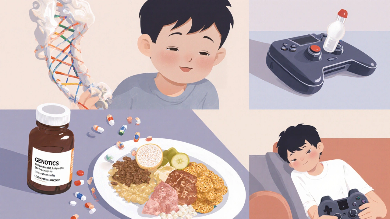 Collage of risk factors: genetics, medication, poor diet, and inactivity.