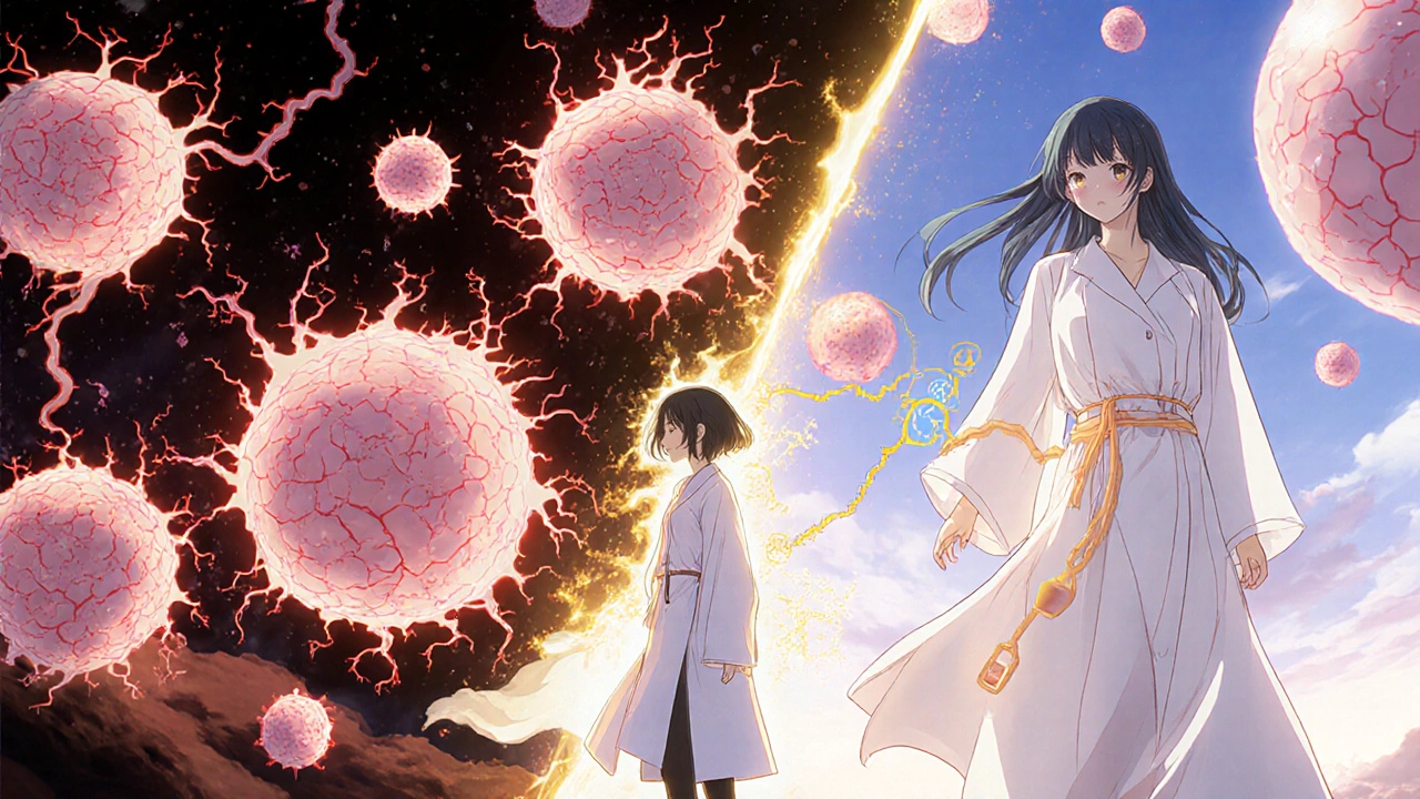 Contrasting images of chaotic vs. calm ovaries with hormonal signals in manga style.