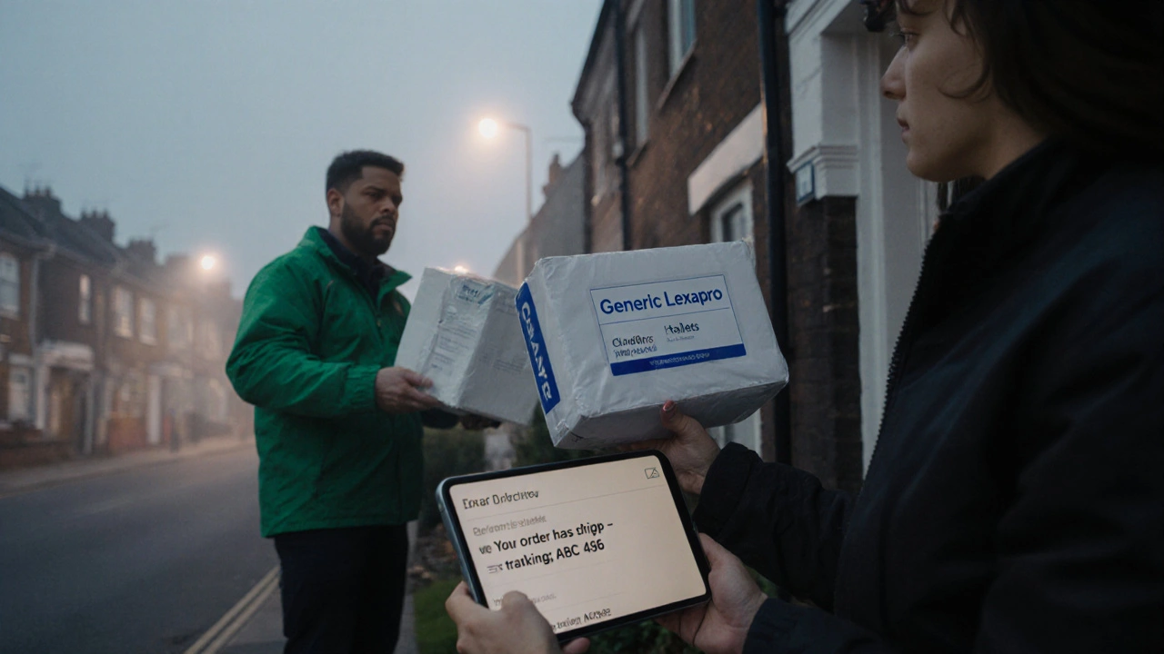 Courier delivering a sealed Lexapro box to a home with tracking email shown.