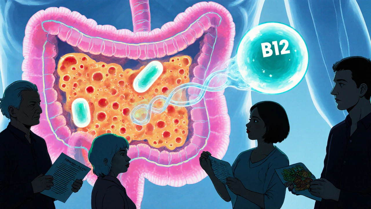 Cross‑section of stomach showing blocked acid and B12 absorption, at‑risk figures watch.
