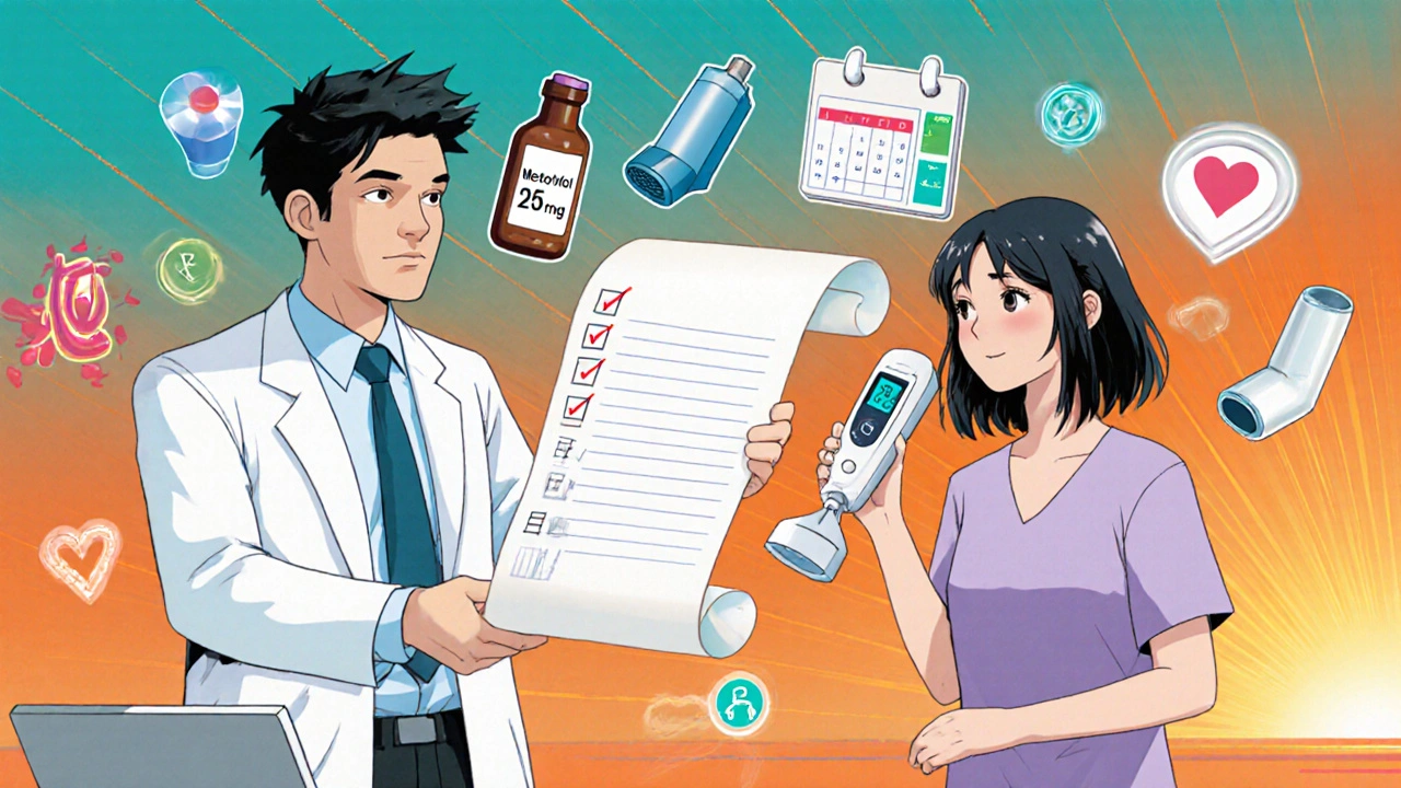 Doctor gives asthma patient a checklist and spirometry check in an upbeat manga style.