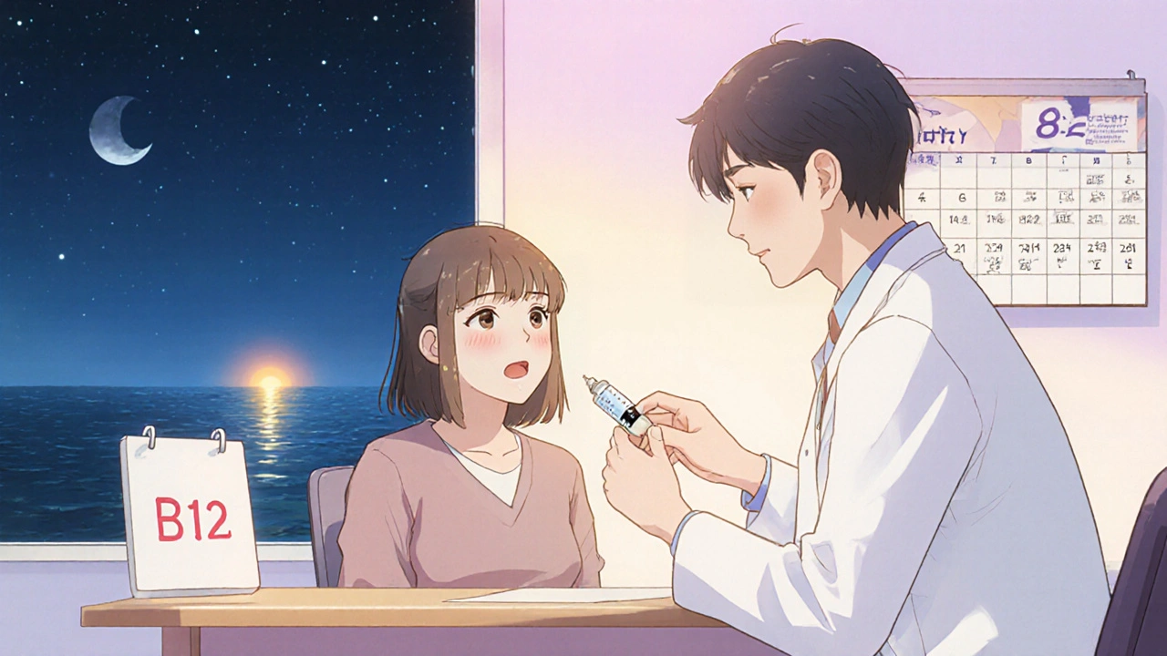 Doctor gives B12 supplement to patient, calendar and sunrise background suggest monitoring.