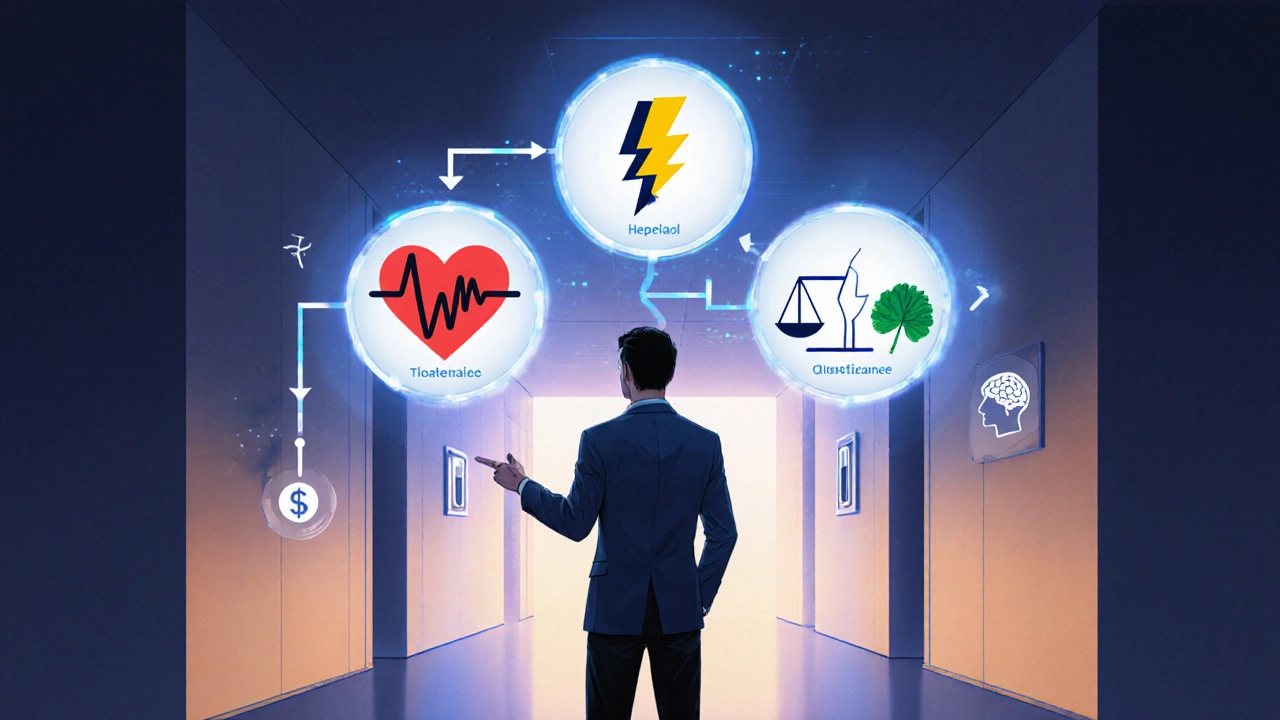 Doctor points at diverging hospital corridors representing treatment decisions with icons for heart, agitation, metabolism, cost, and blood tests.