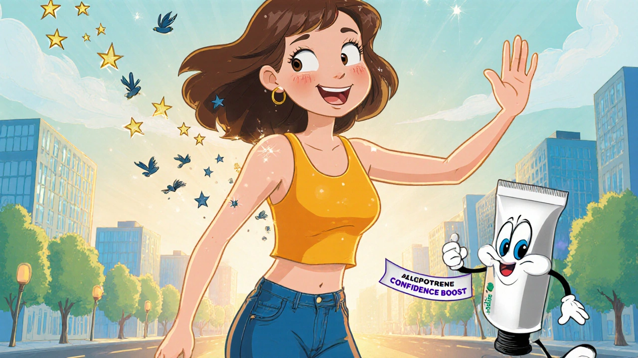 Emma confidently walking in sleeveless top, Calcipotriene tube cheering.