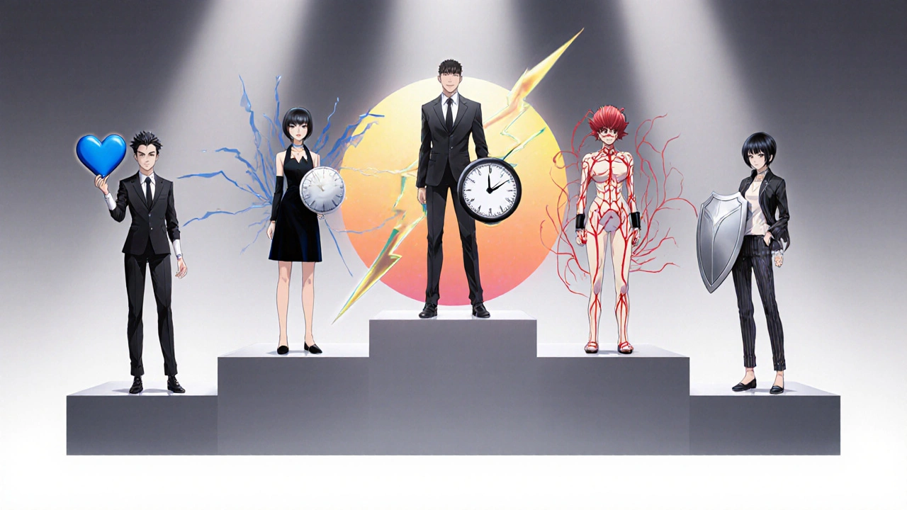 Five characters personify different beta‑blockers with unique visual cues.