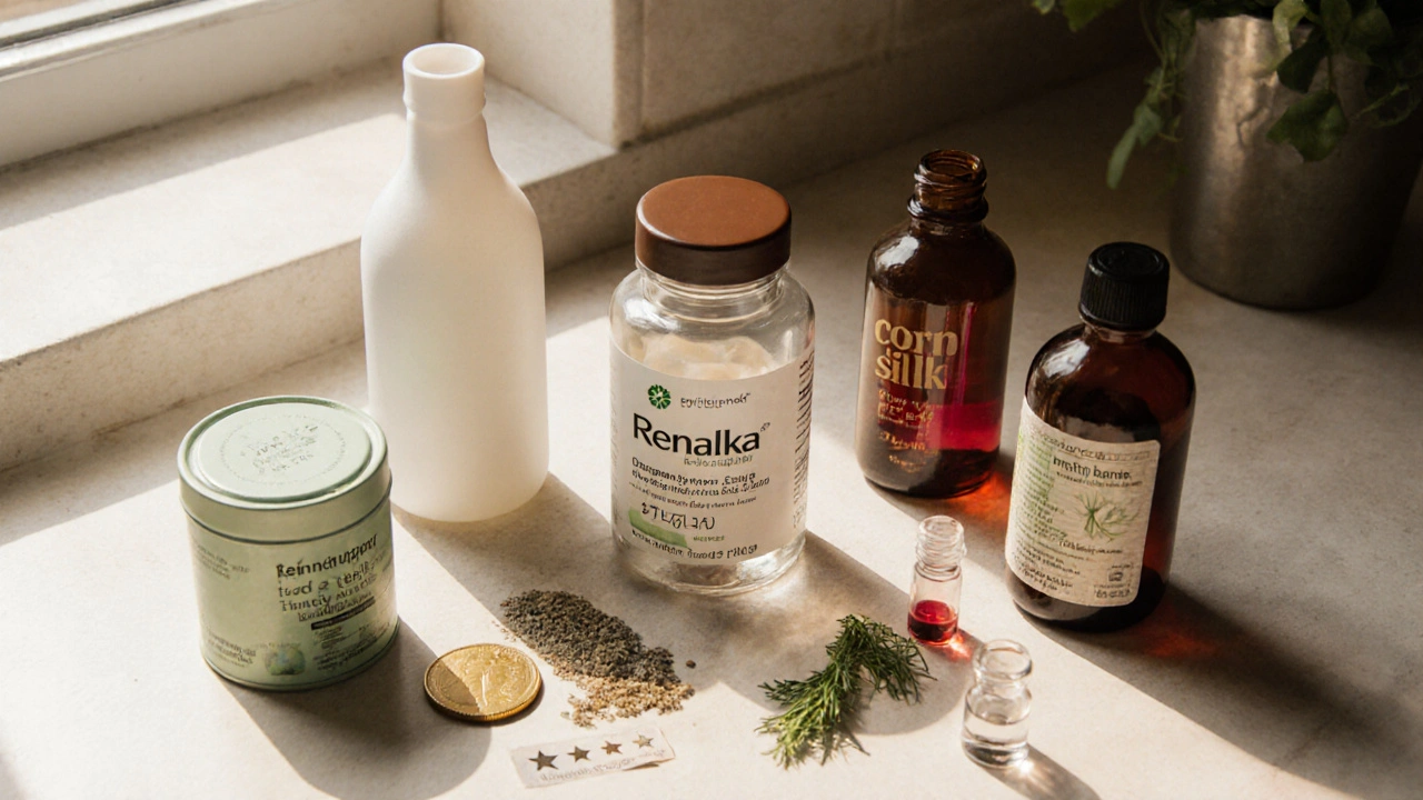 Flat lay of Renalka, dandelion, corn silk, parsley, and hawthorn supplements with price and safety symbols.