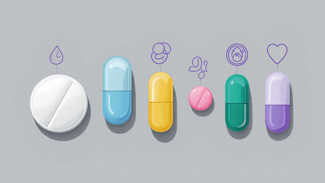 Flat‑lay of various antihypertensive pills with simple icons indicating their mechanisms.