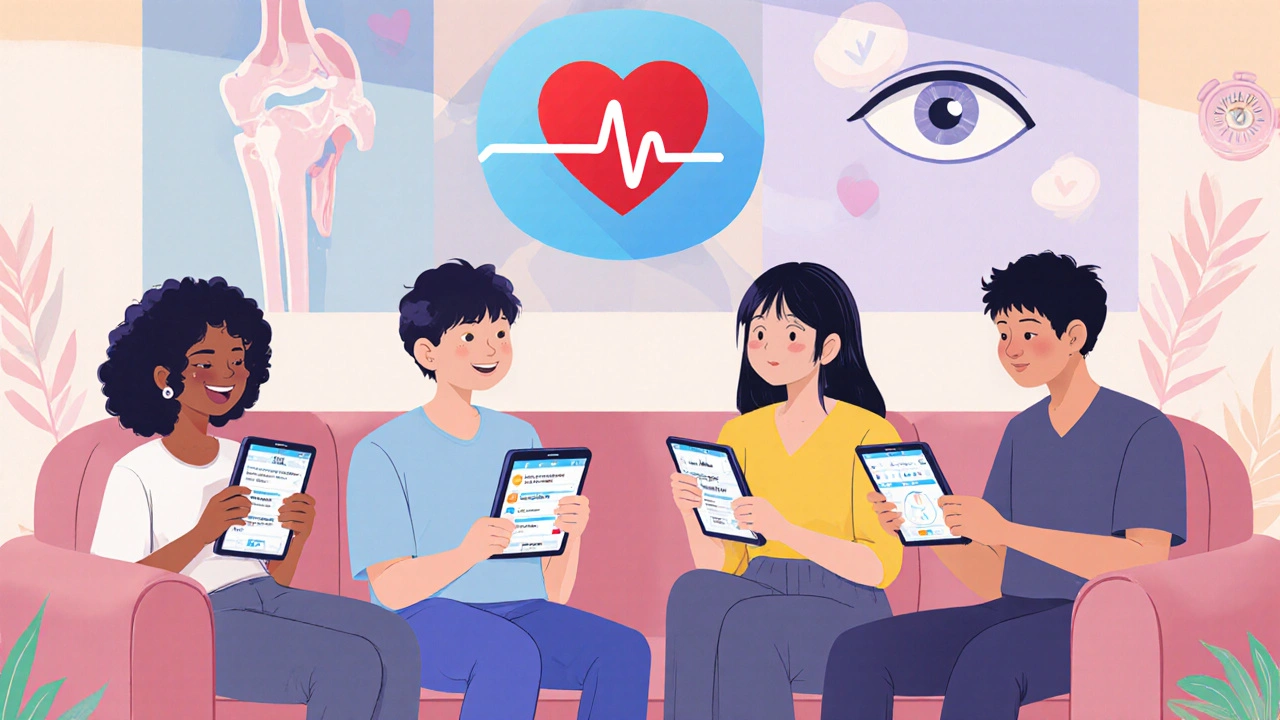 Group of patients in a telehealth lounge, connected through symptom trackers and support.