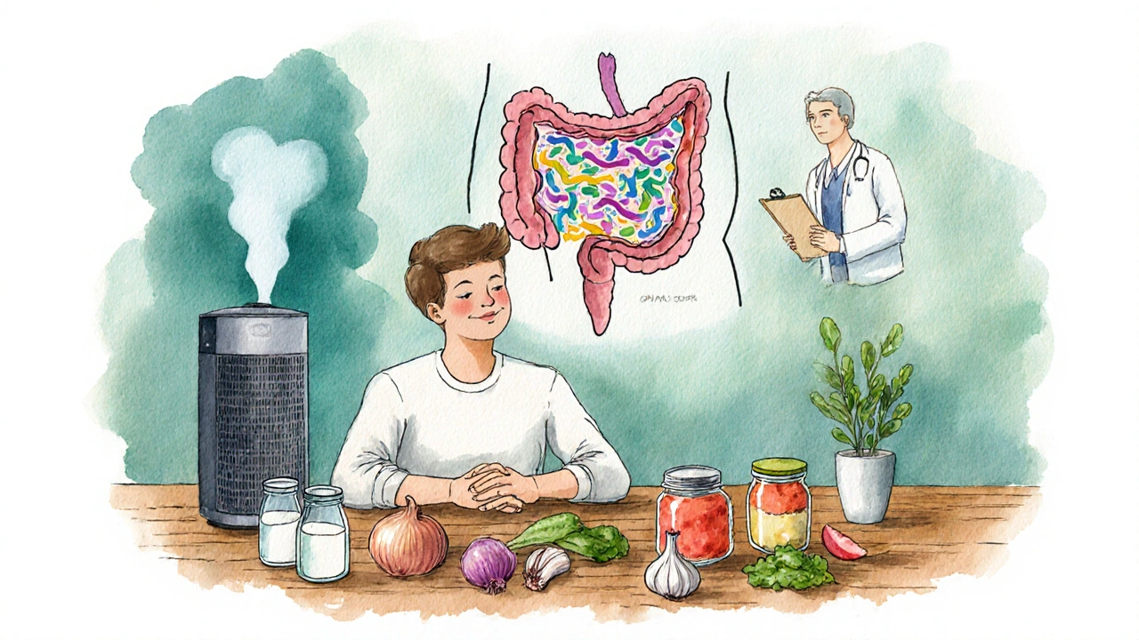 Happy individual surrounded by probiotic foods, a HEPA filter, and a stylized gut microbiome, symbolizing integrated allergy care.