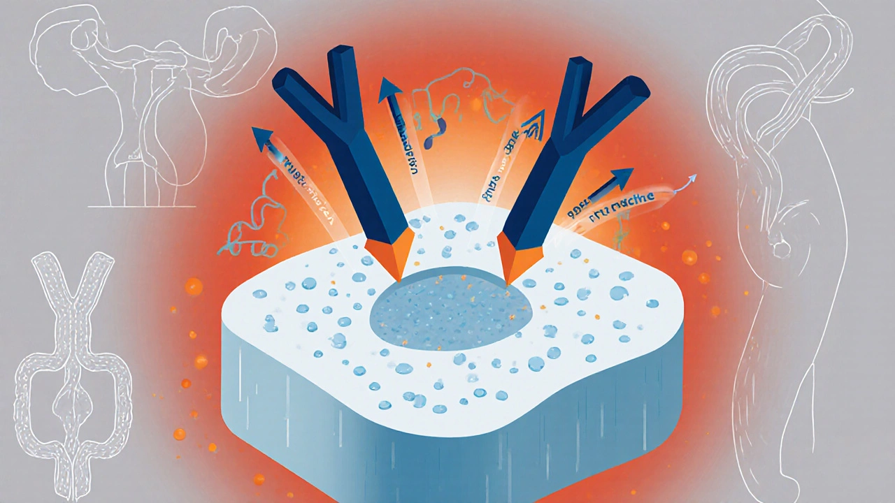Illustration of antibodies attaching to thyroid cells, showing Graves’ disease mechanism.