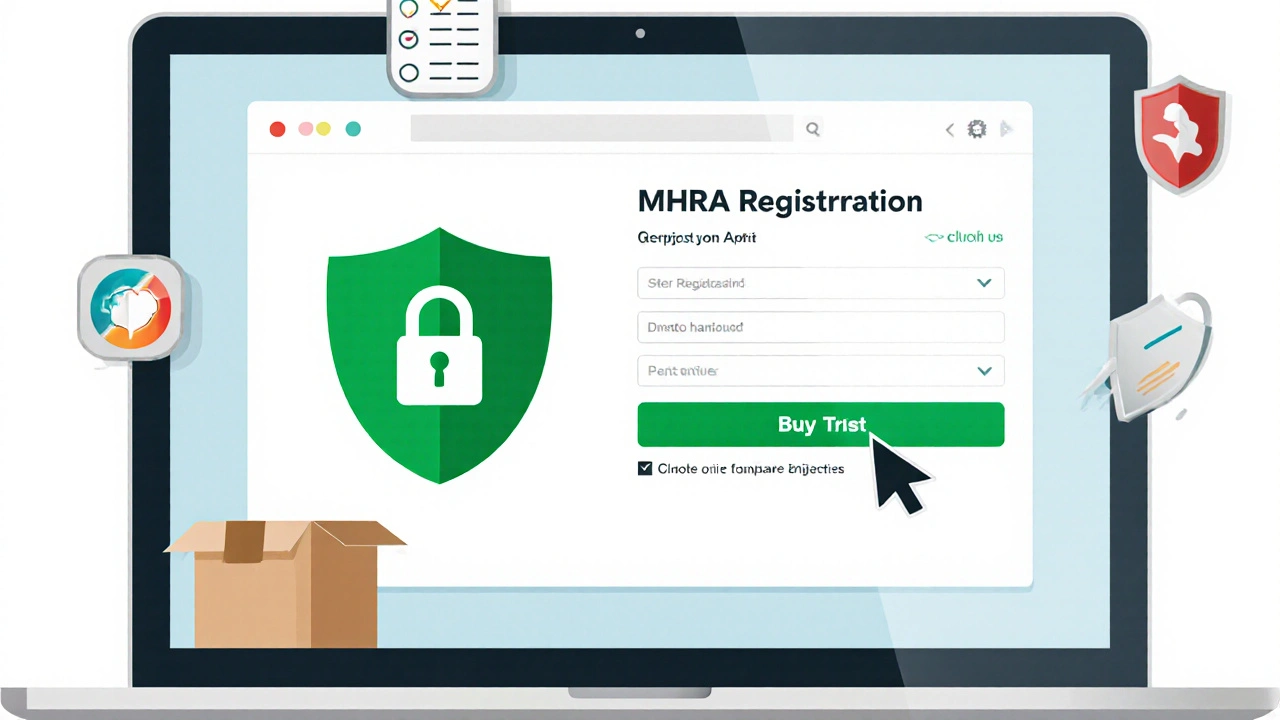 Illustration of laptop checkout page with MHRA shield, padlock, and cursor over Buy button.