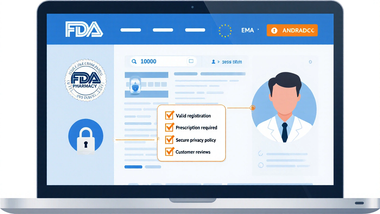 Illustration of laptop showing online pharmacy verification badges and safety checklist.