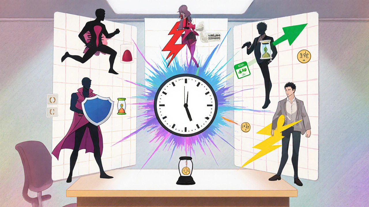 Manga panel showing five stylized characters with symbols for onset time, duration, and price of different ED drugs.