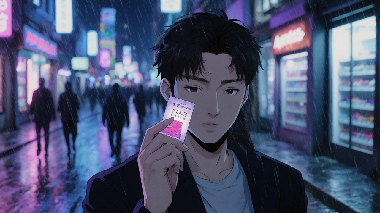 Nighttime city street with a man holding a glowing jelly packet, neon lights reflecting on wet pavement.