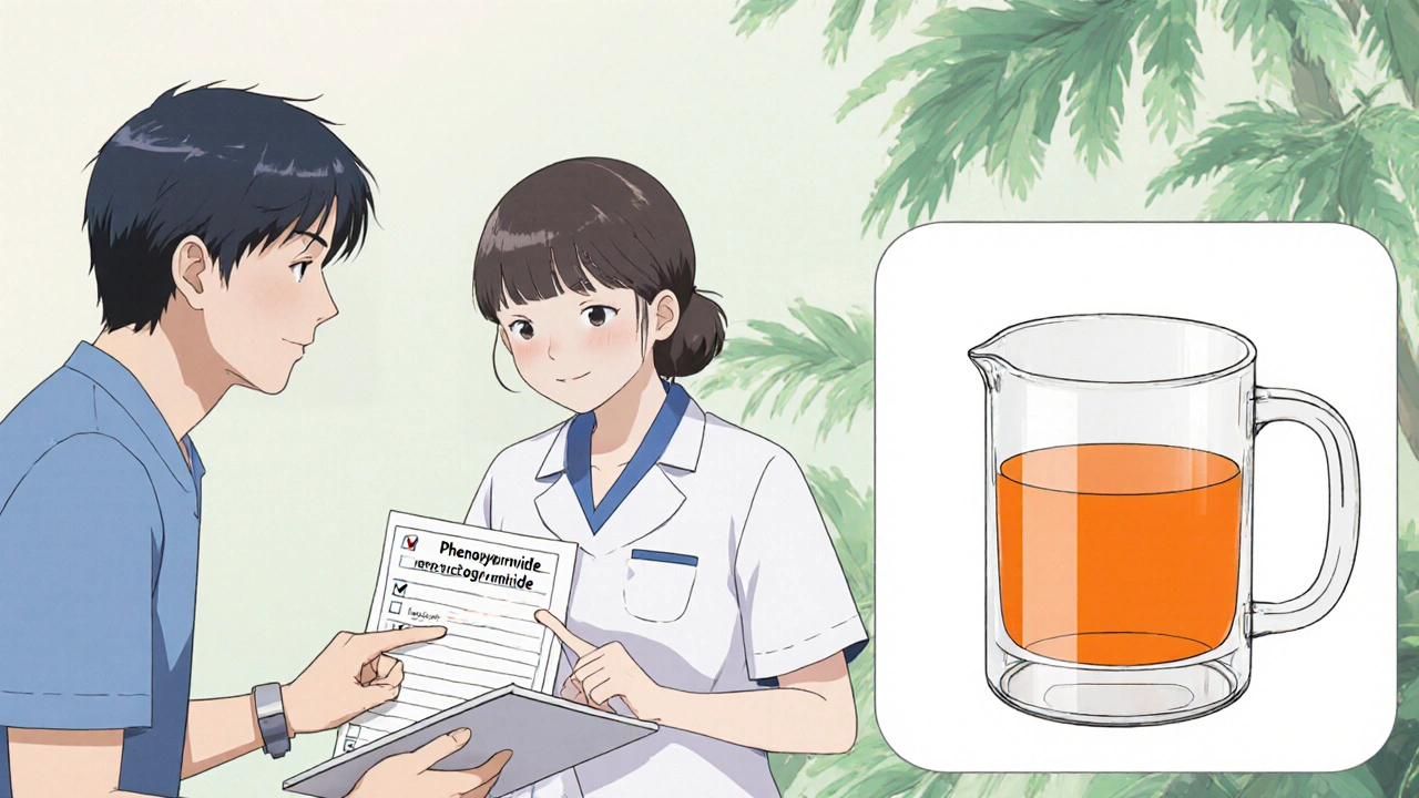 Patient and nurse reviewing a medication log next to an orange-tinted urine sample.