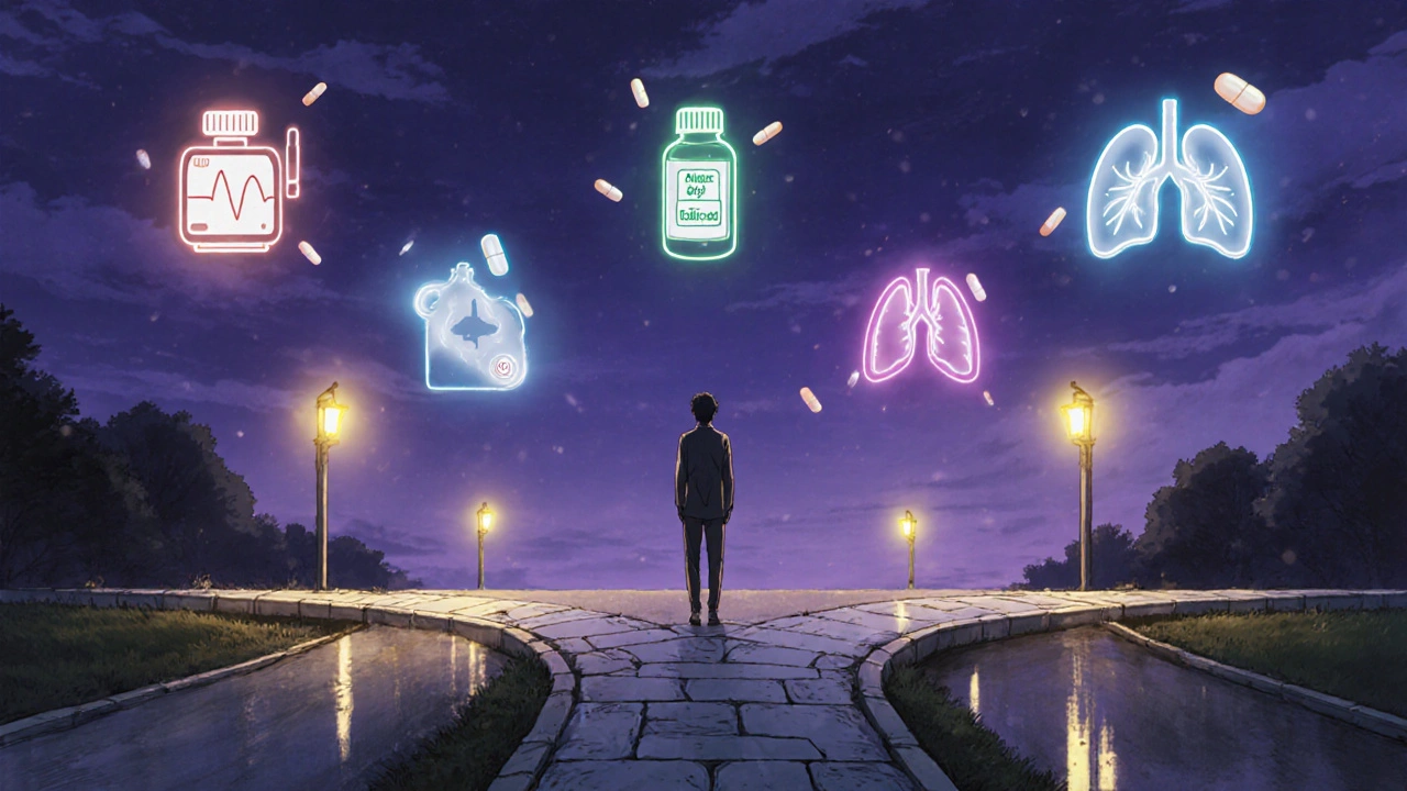 Patient at a dusk crossroads with floating pill bottles representing drug options.