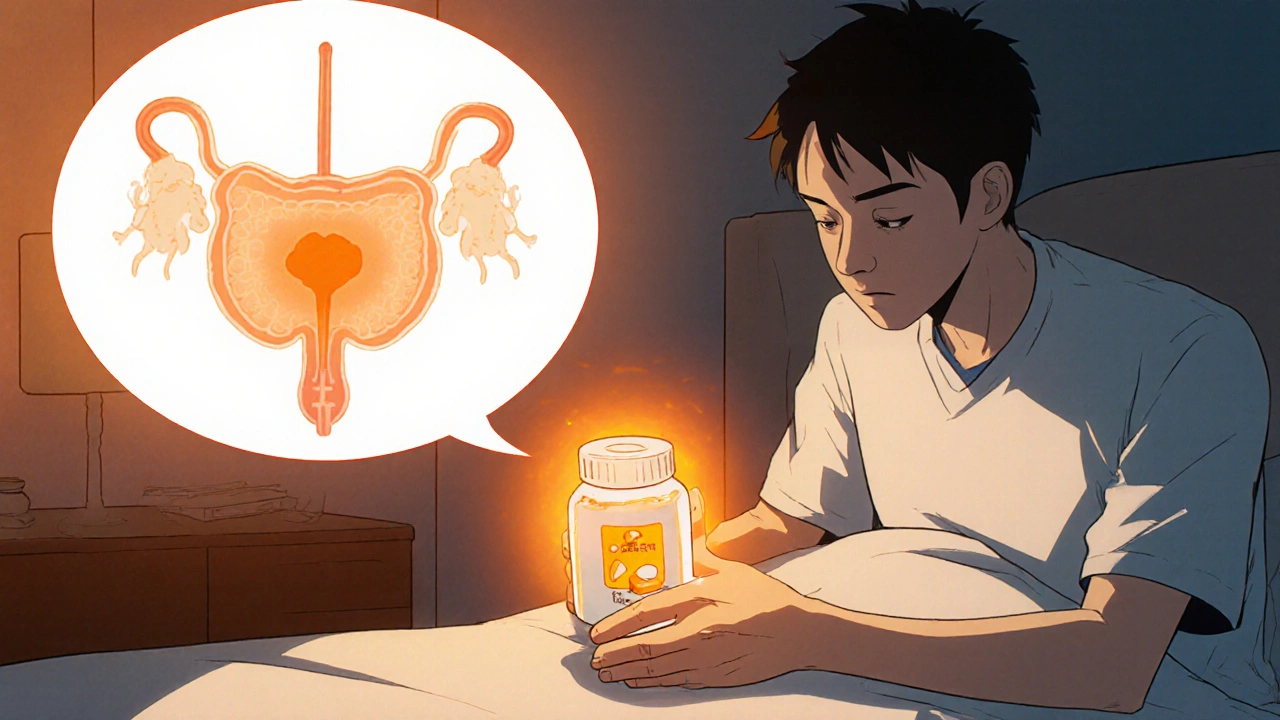 Patient holding phenazopyridine tablet with orange light symbolizing pain relief.