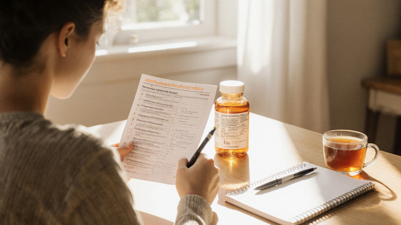 Person at kitchen table with tetracycline bottle, cheat‑sheet, tea, and sunlight.