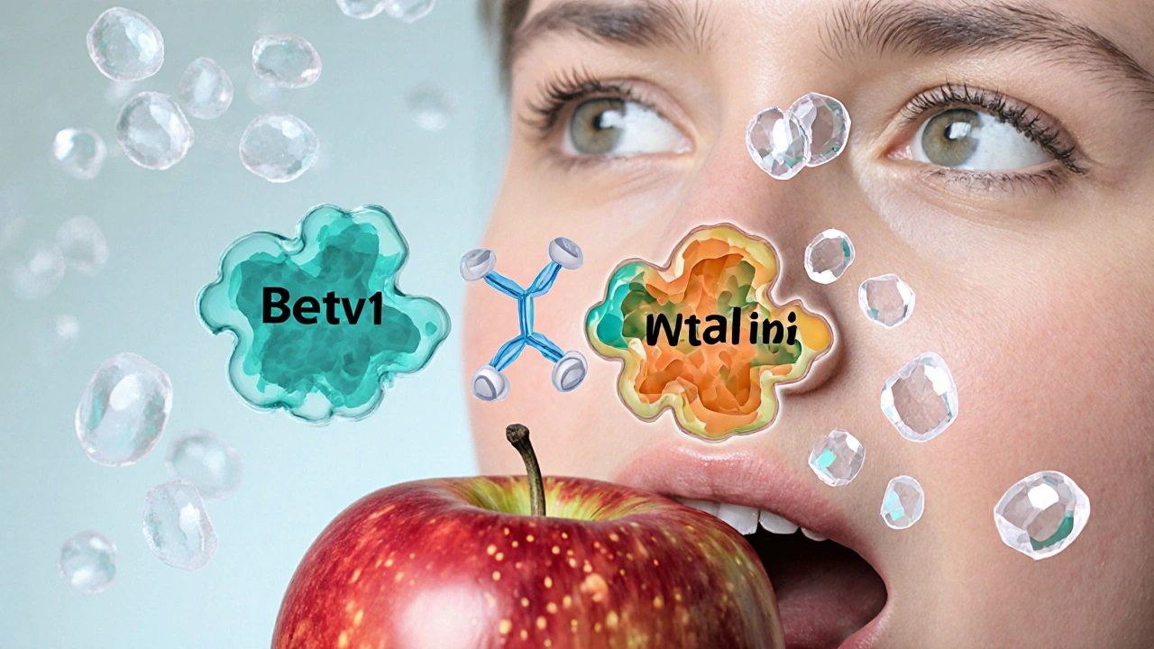 Person bites raw apple as birch pollen floats, molecular structures of Bet v 1 and Mal d 1 intertwine.