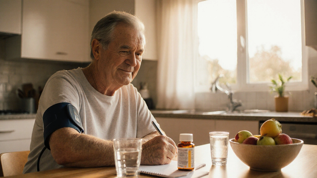 Person checks blood pressure at kitchen table with fruit, water, and medication bottle nearby.