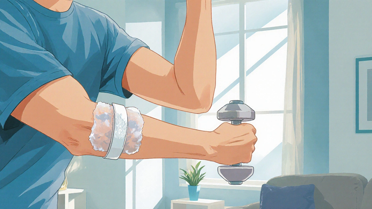 Person doing wrist‑extension exercise with dumbbell, ice pack, and strap in a bright room.