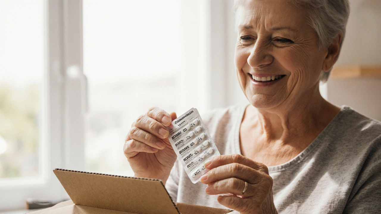 Person opening a parcel, inspecting rosuvastatin tablets with &quot;ROS 20&quot; imprint in a kitchen.