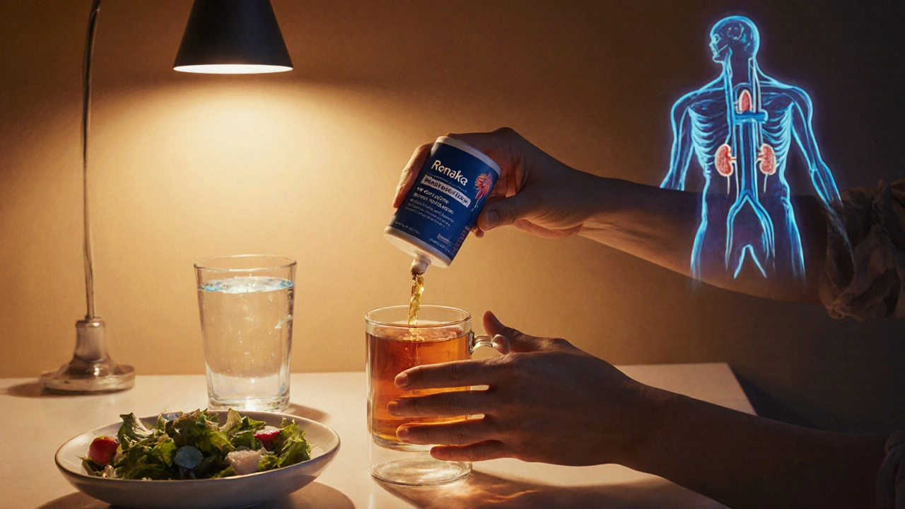 Person preparing Renalka capsule and corn silk tea next to water and low‑salt salad.