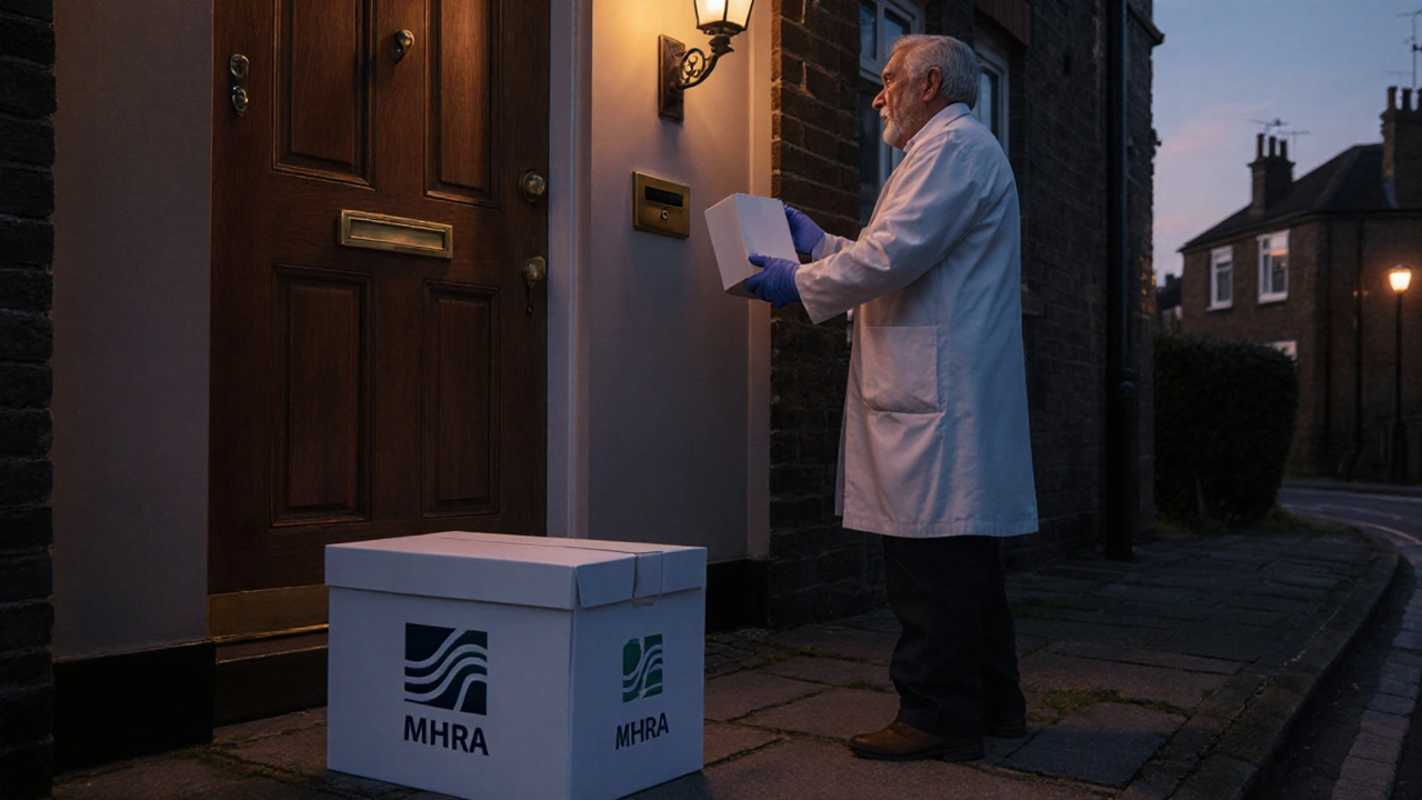 Pharmacist delivering discreet medication box to a man at a UK doorstep.