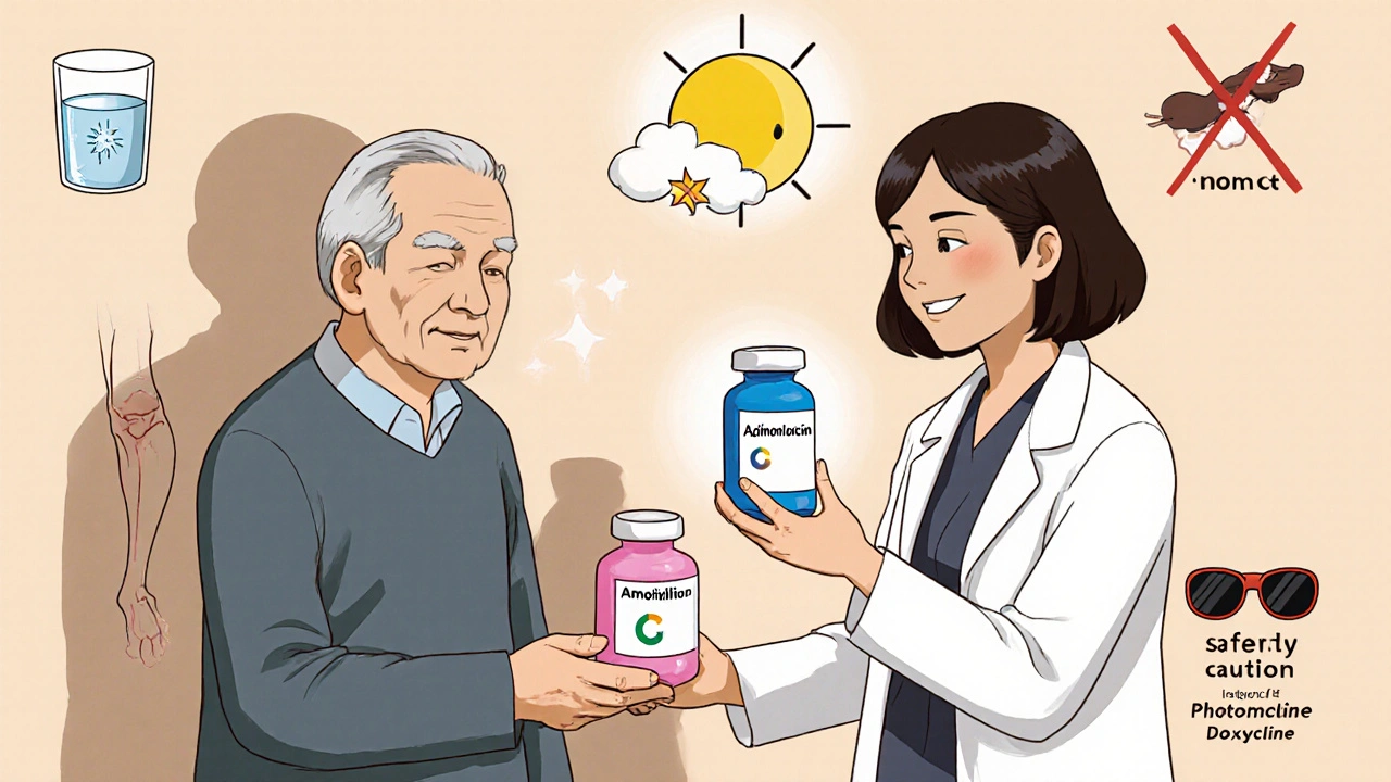 Physician gives safer antibiotics to elderly and pregnant patients with safety reminder icons.