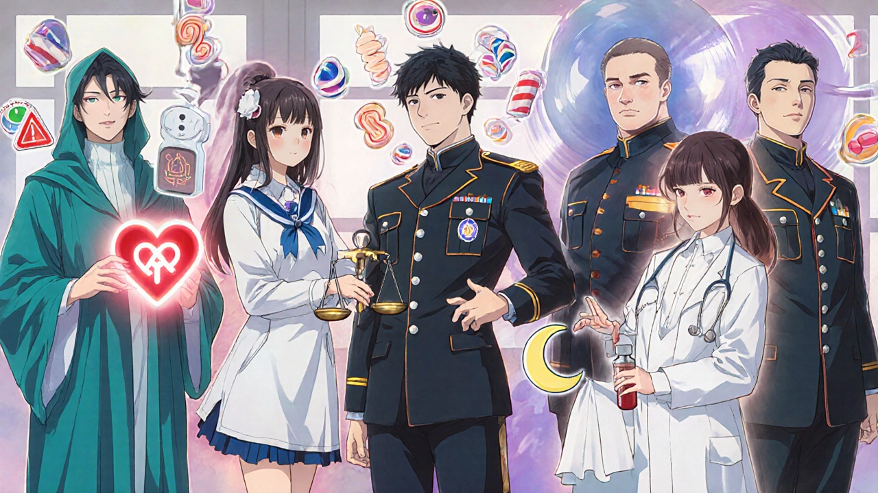 Six anime characters personify antipsychotic drugs, each showing unique side‑effect symbols.