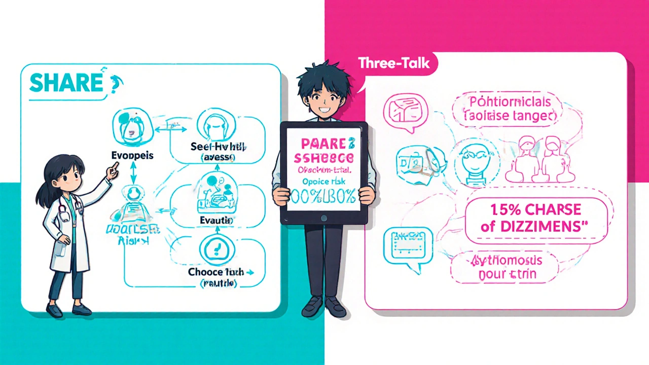 Split‑panel showing SHARE and Three‑Talk decision models with icons.
