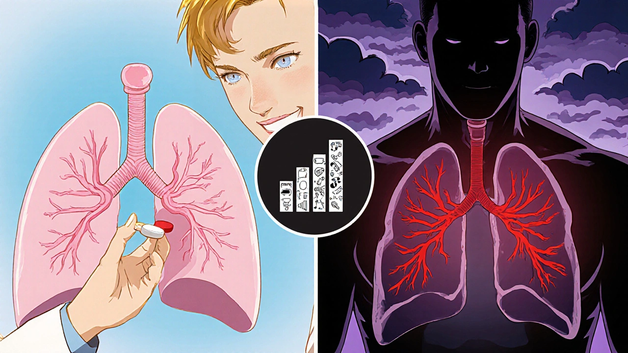 Split scene shows clear airways with low dose and narrowed airways with high dose Metoprolol.