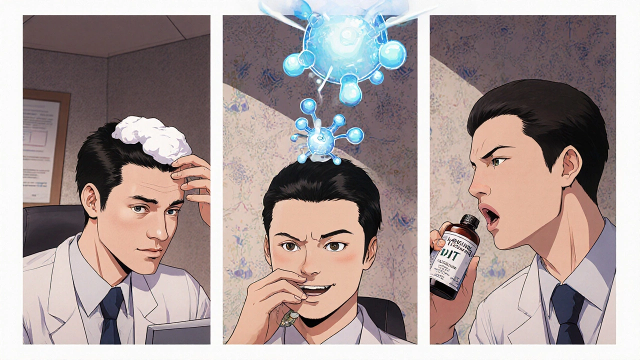 Three patients in a clinic each using different hair loss treatments, with enzyme diagrams in the background.