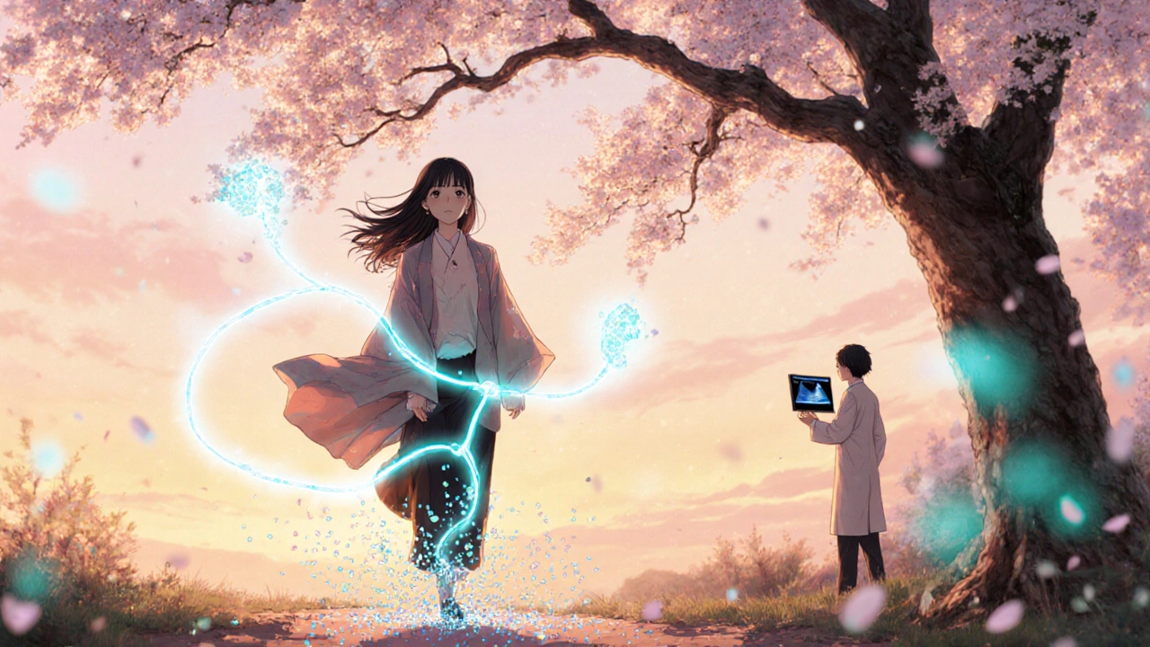 Woman walking under cherry blossoms, cysts dissolving in her shadow, symbolizing hormonal balance.