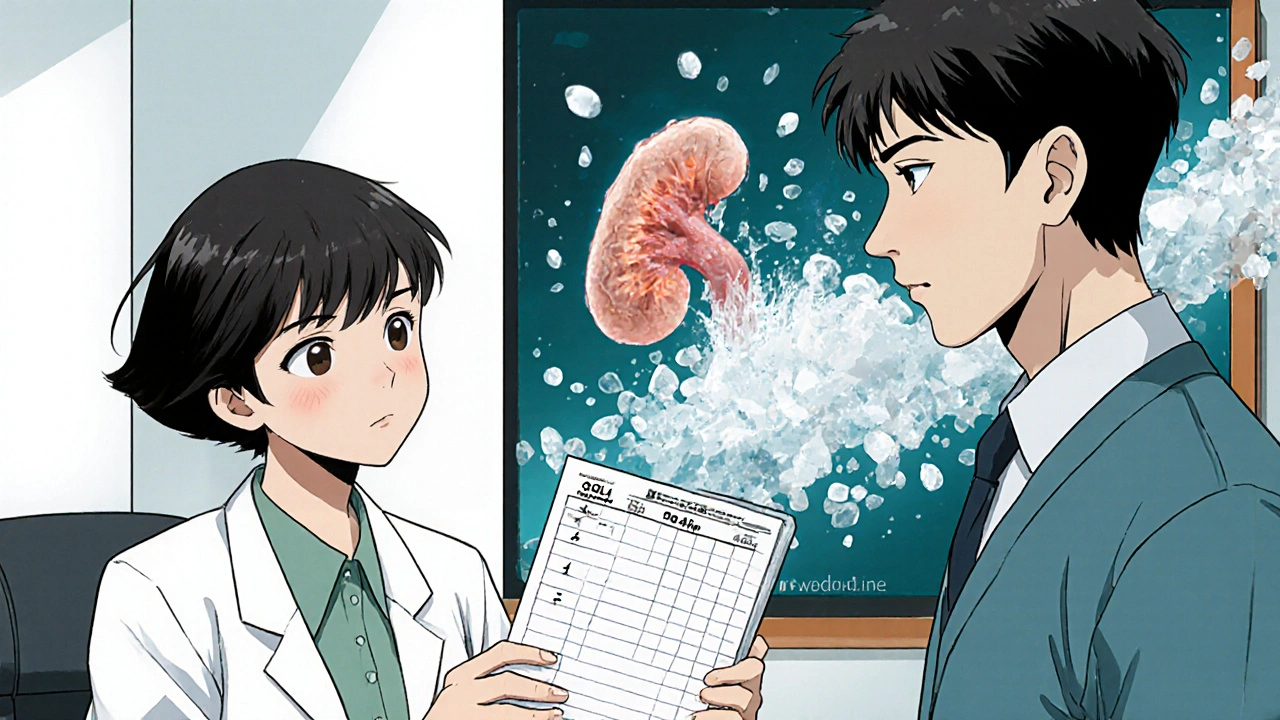 A doctor and patient reviewing a weight log, with a clogged kidney visual floating behind them.