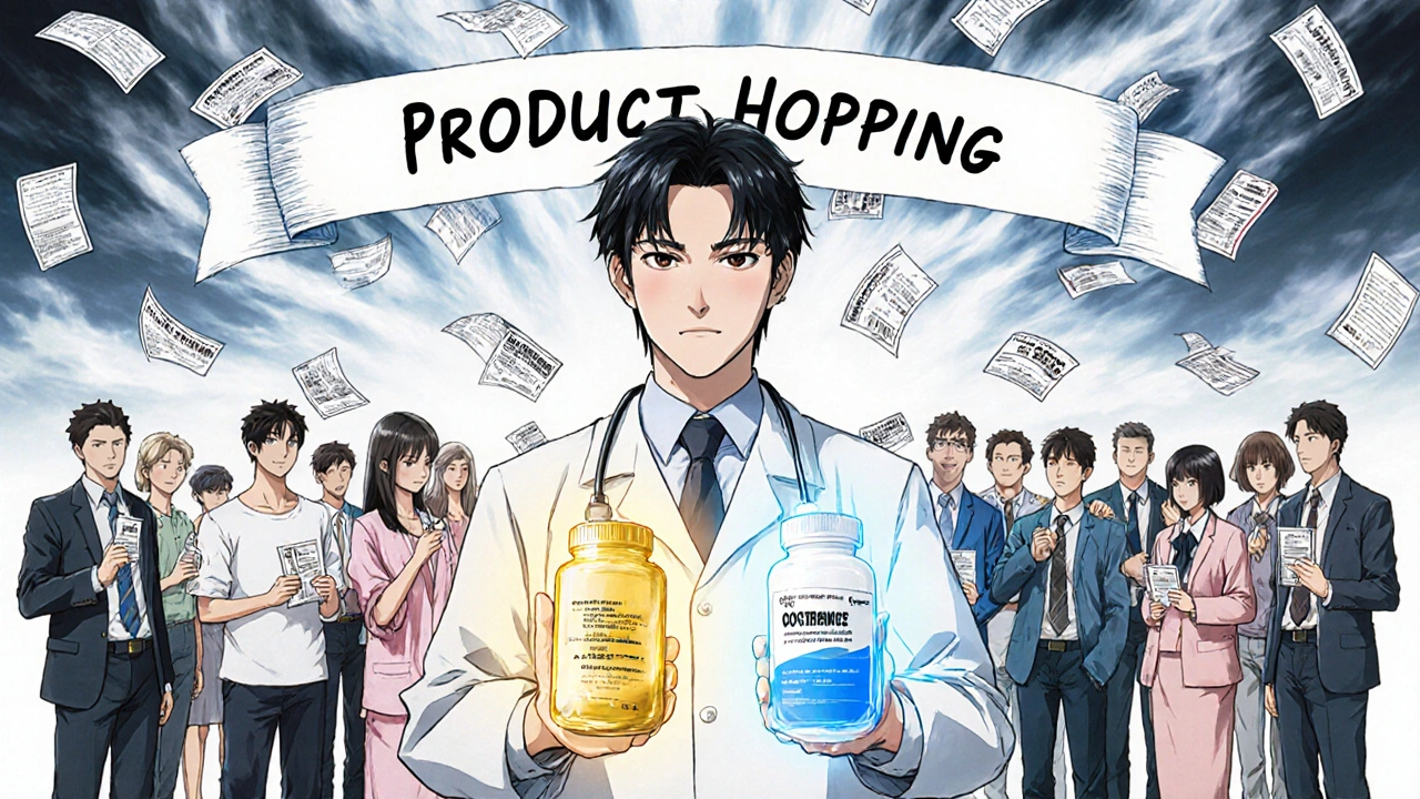 A doctor holds branded and generic pills, patients divided beneath a &#039;Product Hopping&#039; banner.