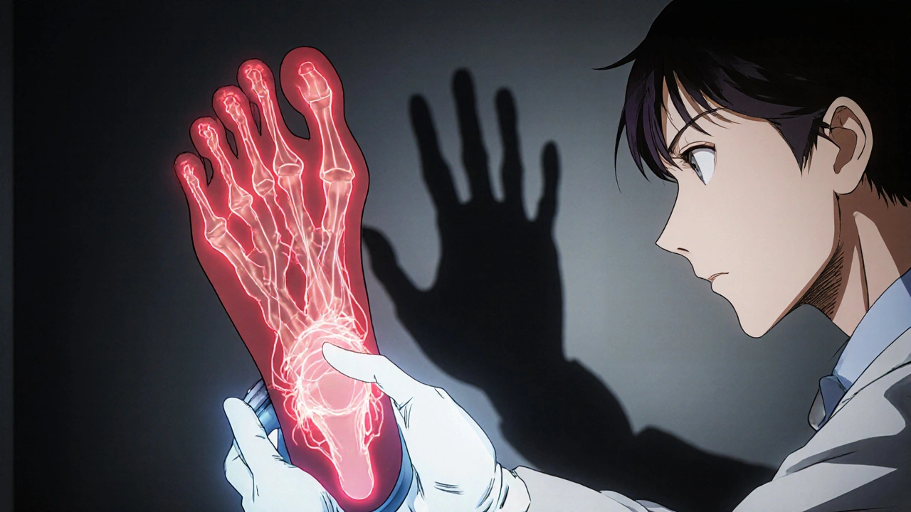 A doctor uses a glowing device on a patient's foot, with red nerve pathways visible and a stocking-glove shadow on the wall.