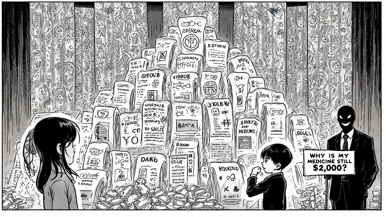 A generic manufacturer faces a mountain of patents in court, while a pharma executive counts cash.