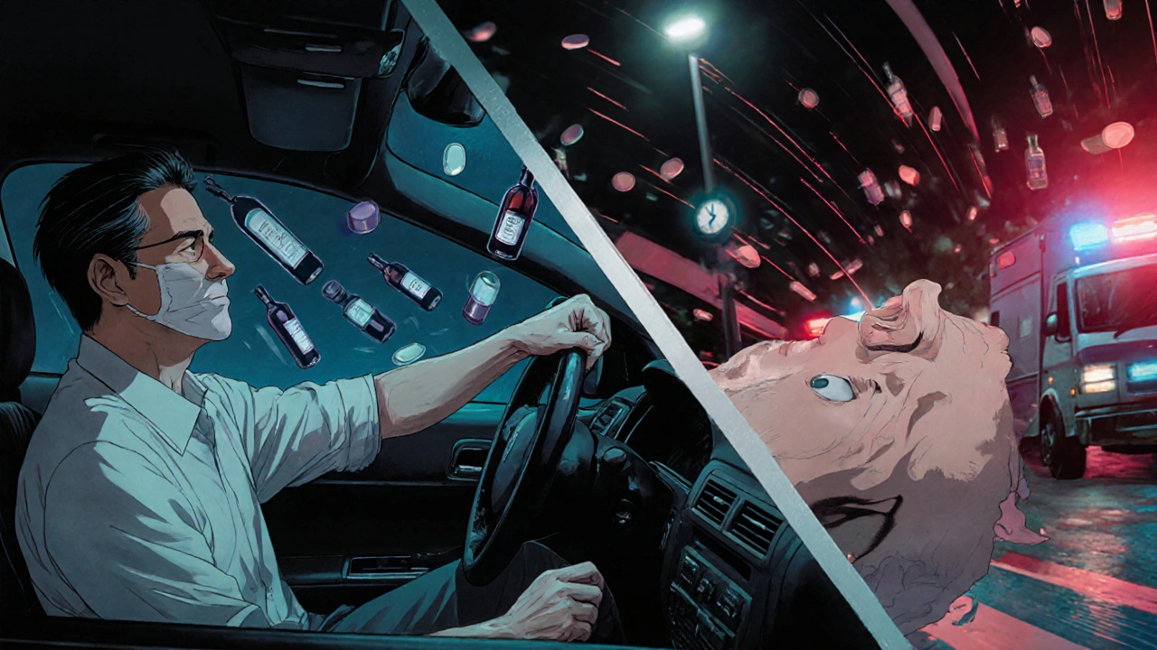 A man sleep-driving at night, surrounded by ghostly pills and wine bottles, found unconscious by emergency responders.