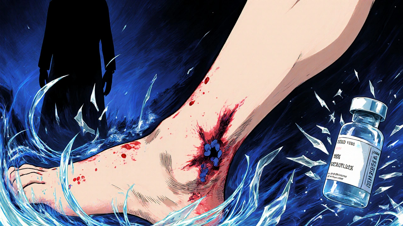 A patient&#039;s leg showing dark bruising from heparin-induced clotting, with swirling platelet fragments in the background.