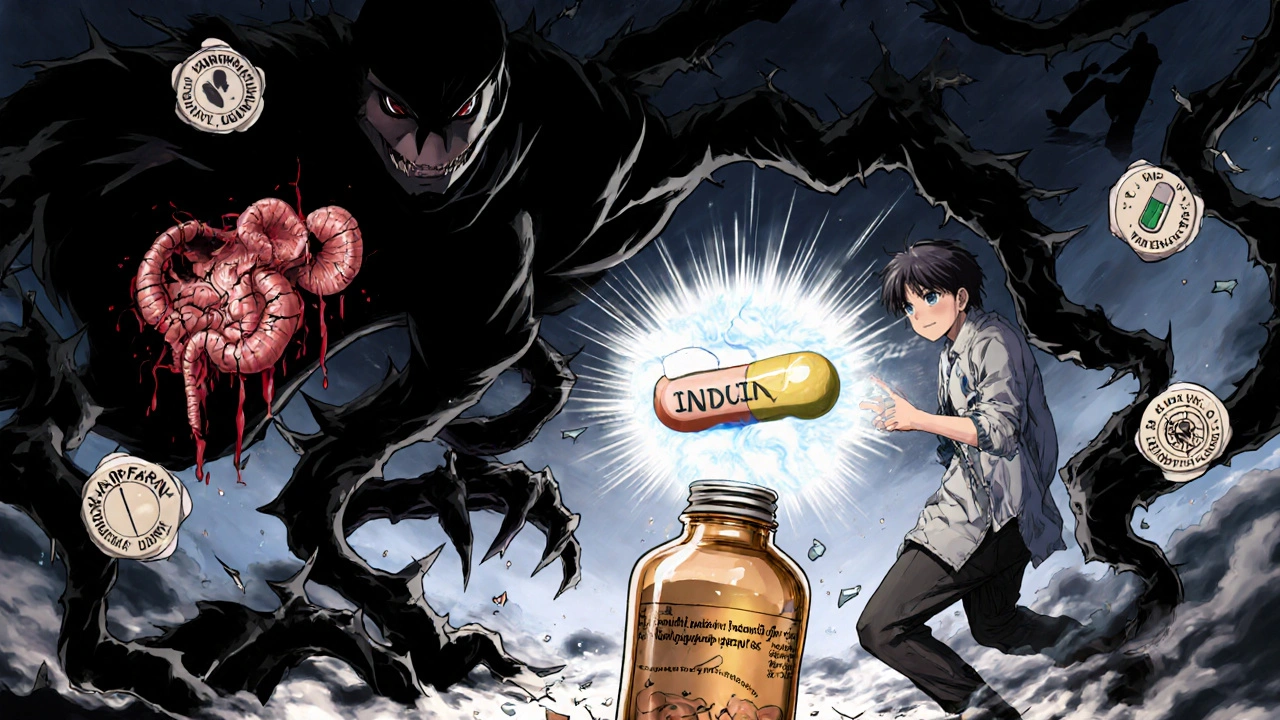 A patient battling side effects of Indocin represented by dark tendrils and medical icons.