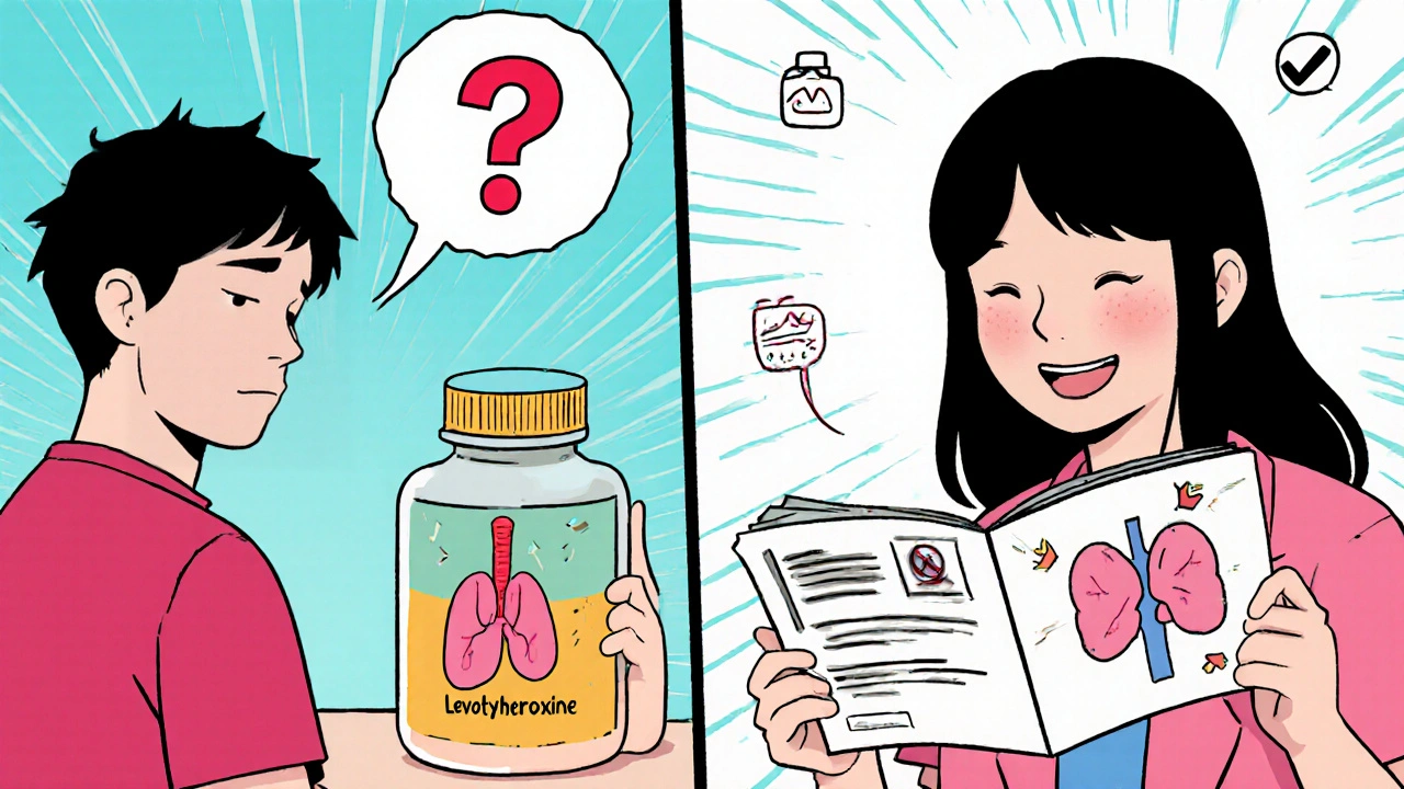 A patient transforms from doubt to confidence after reading a simple illustrated guide about thyroid medication.